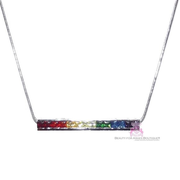 7 Color Gods Promise Rainbow Cz White Gold Plated Cz Single Row Bar Necklace - Picture 1 of 2